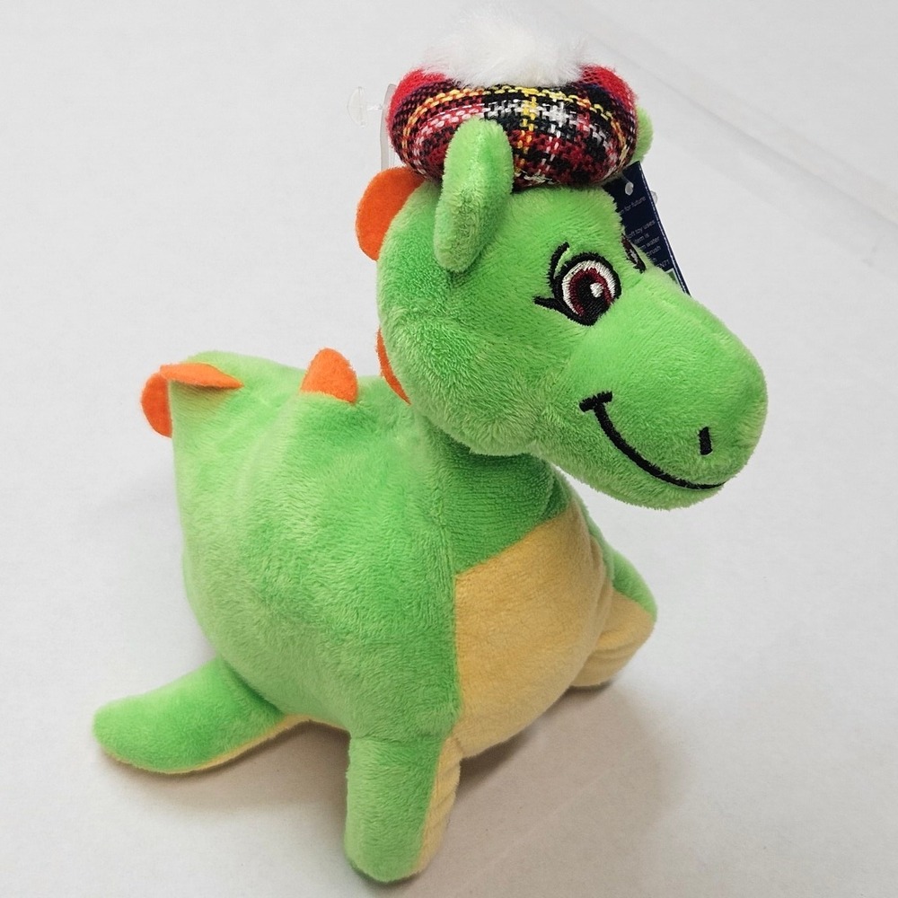 Nessie Plush Toy Dragon Scottish Tartan Hat Green Orange Soft Stuffed Animal 11"